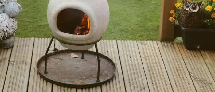 chiminea on wooden decking